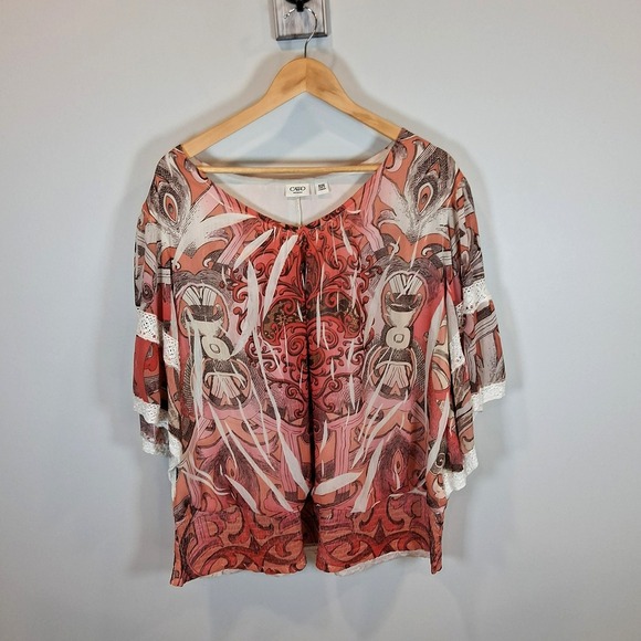 CATO Woman Orange Red‎ Paisley Boho Top Womens Plus Sz 18/20 Peasant Crochet - Picture 1 of 12
